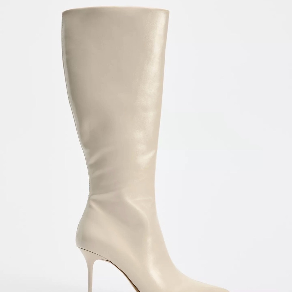 Zara Cream Heeled Knee-High Boots